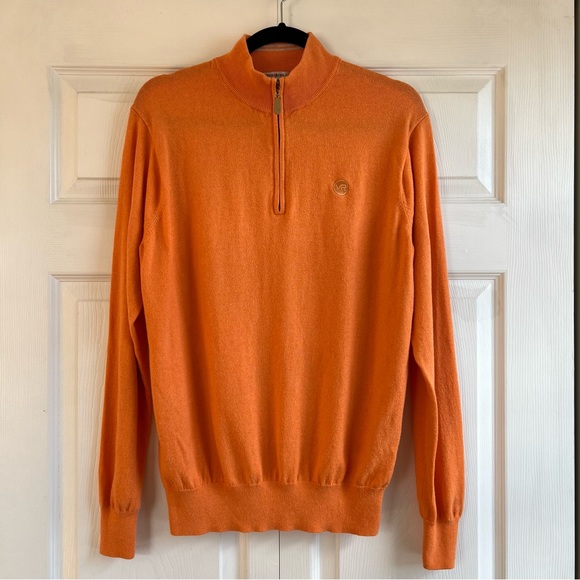 Peter Millar Albany Sweater Men M Sunset Orange 1/4 Zip Cotton Cashmere Preppy - Picture 1 of 9